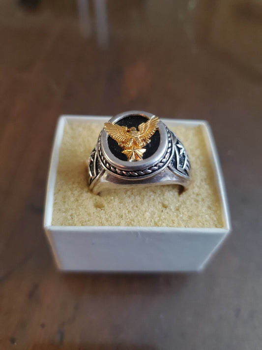 American Eagle Men's Sterling Silver Ring Genuine Black Onyx center 24K G Wings