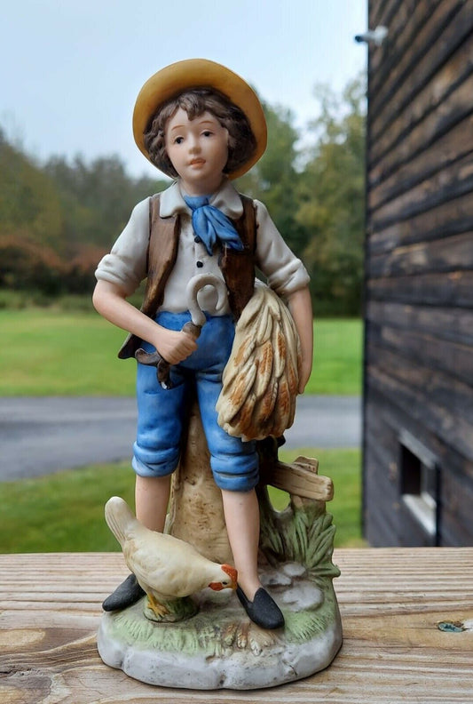 HOMCO FIGURINE 8" H BOY PORCELAIN WHEAT GATHERER HARVEST CHICKEN 8881 NO CHIPS