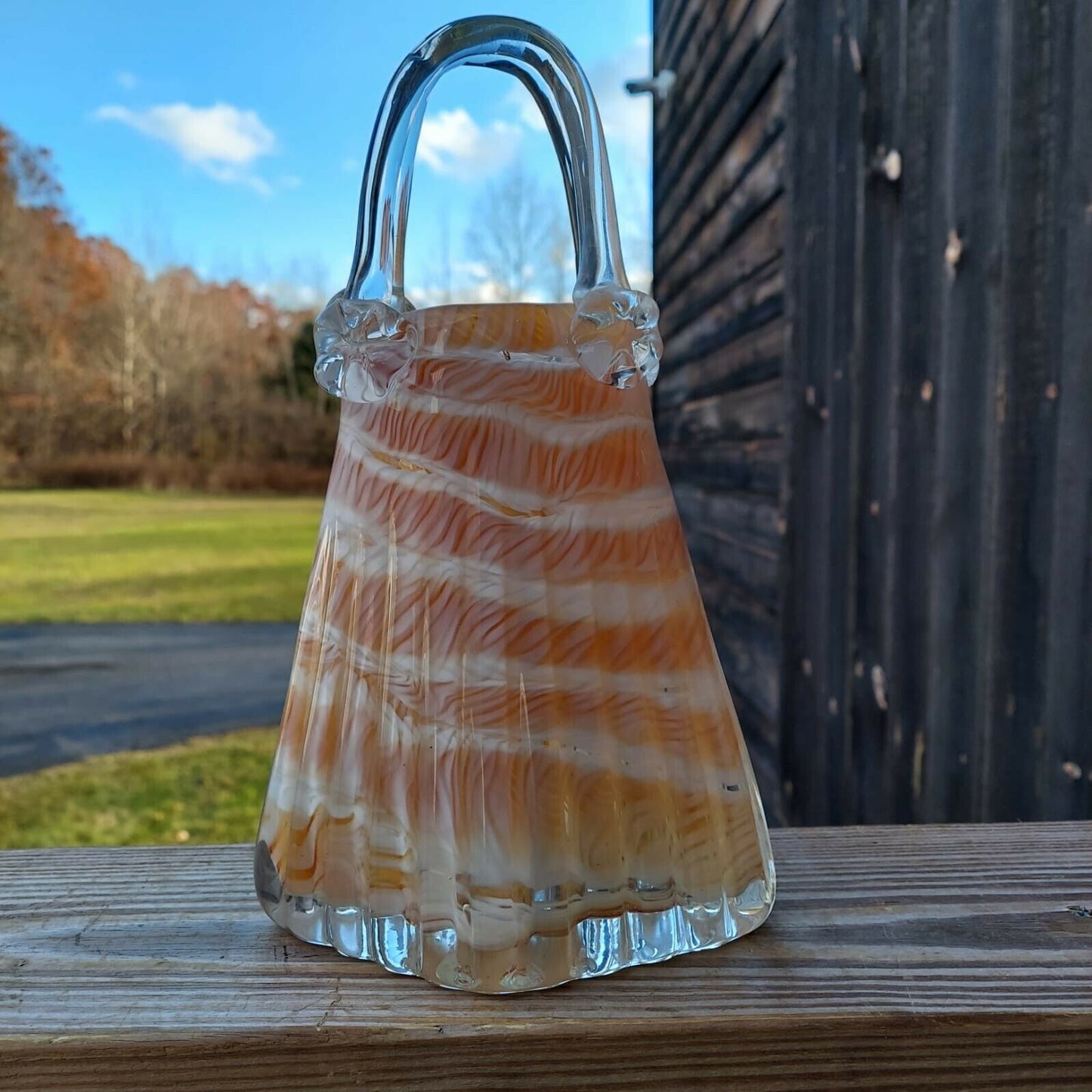 Vintage Hand Blown Glass Purse Shaped Vase Planter Pink & White