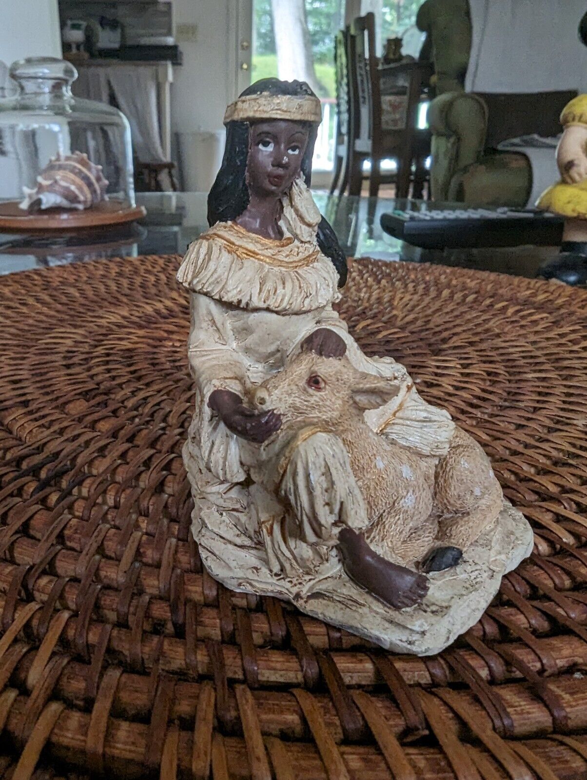 Beautiful Maiden With Deer In Lap Resin 4" Figurine