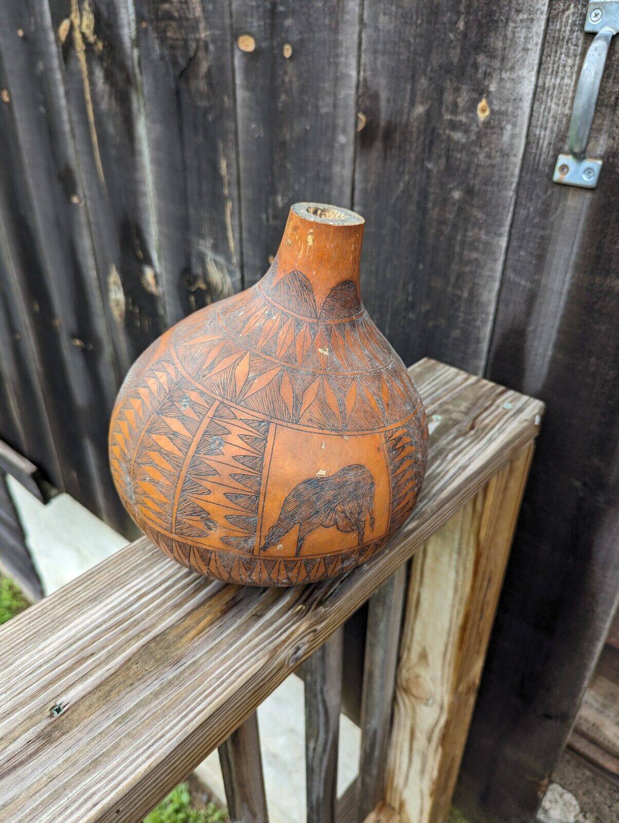 African Gourd Hand Carved  Folk Art About 10" Elephants & Rhinos Made in Kenya