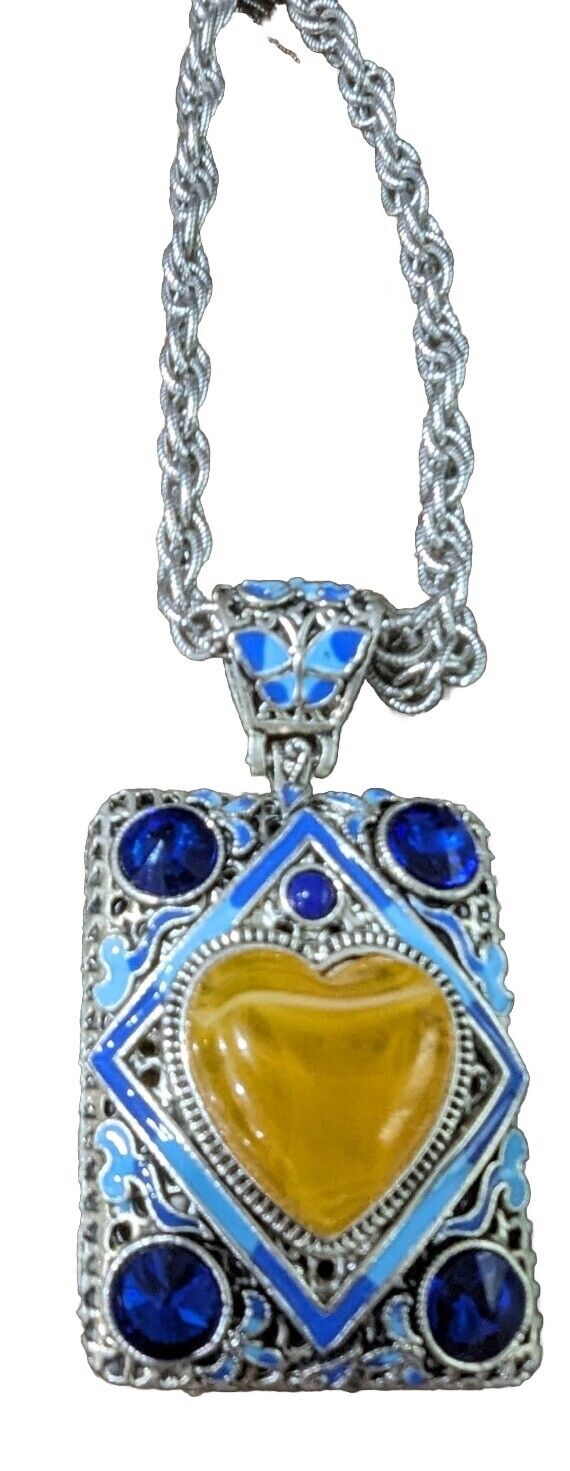 Handmade HEART Orange ZIRCON Golden Blue GEM Stone BUTTERFLY Cloisonne NECKLACE