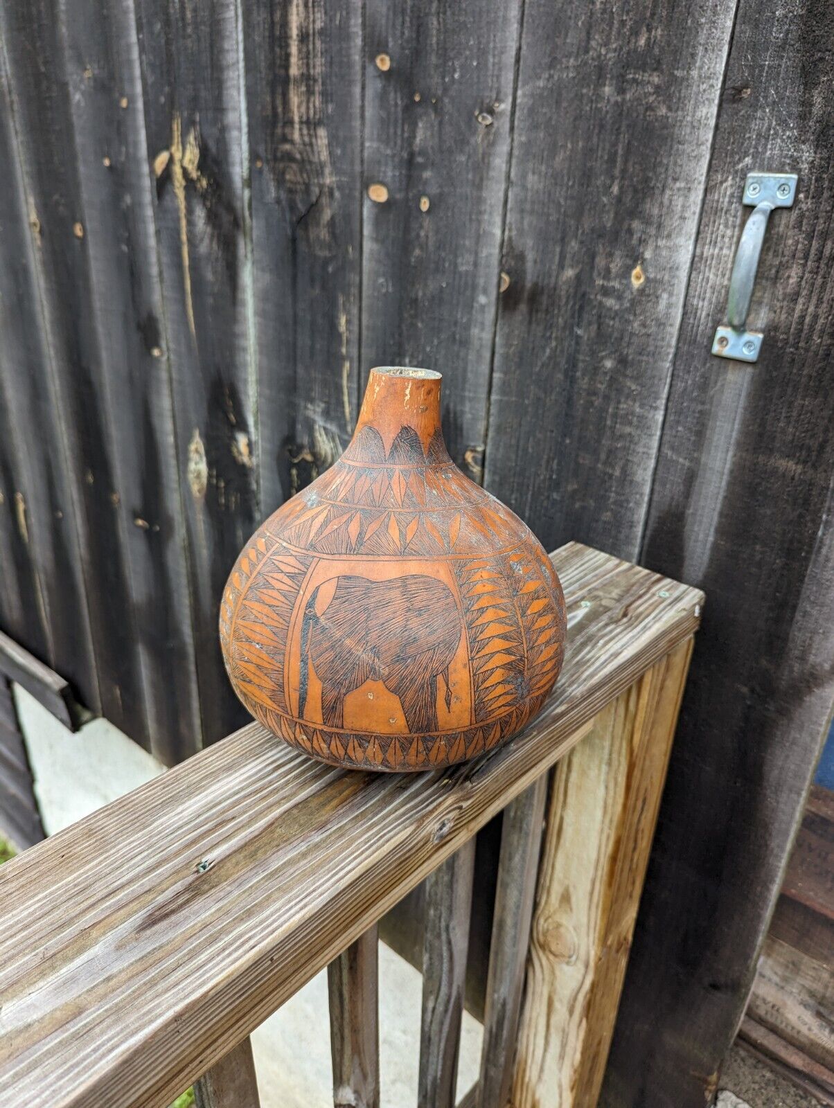 African Gourd Hand Carved  Folk Art About 10" Elephants & Rhinos Made in Kenya