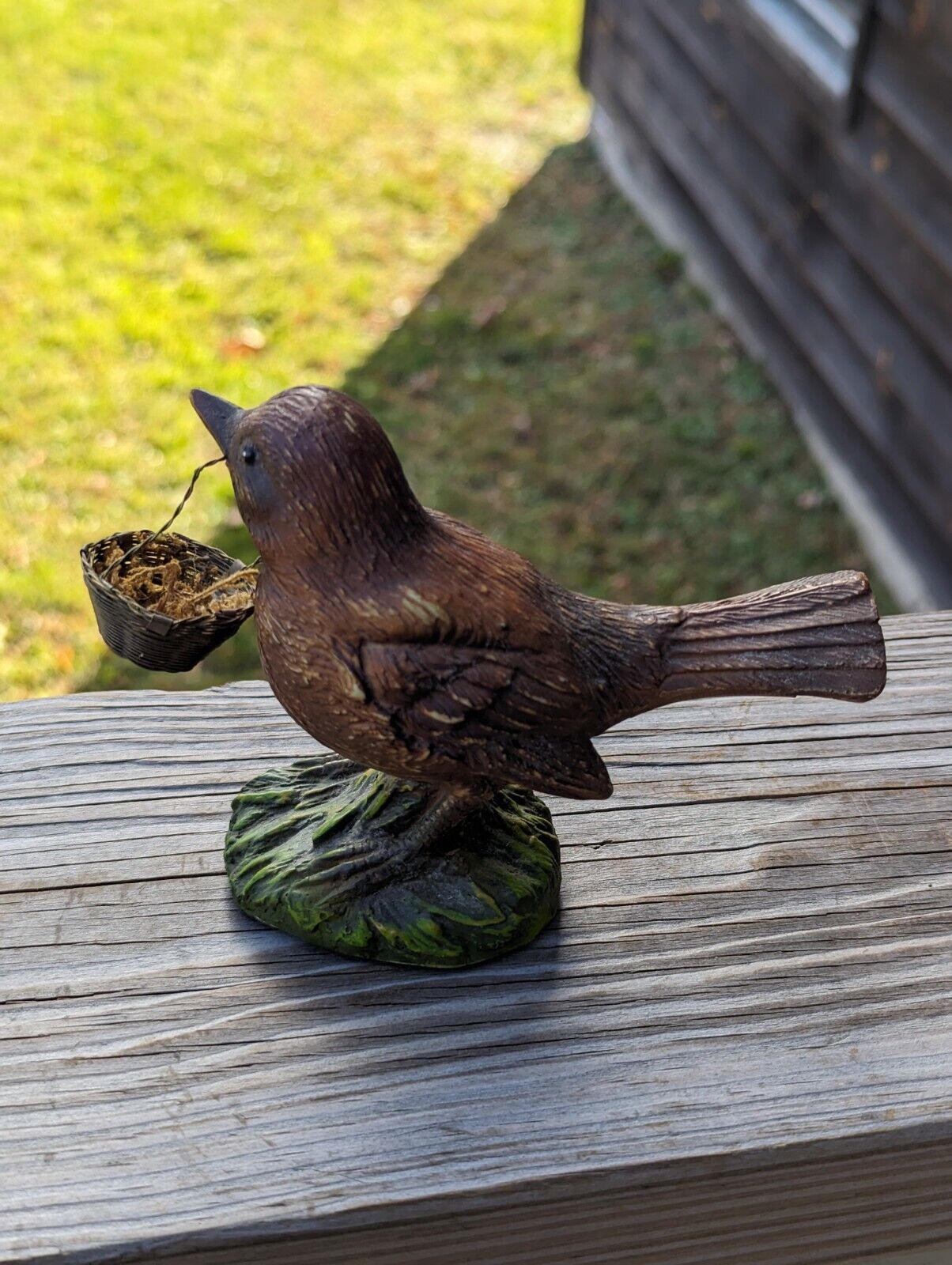 Vintage Katherine's Collection Adorable Brown Sparrow With Metal Woven Basket