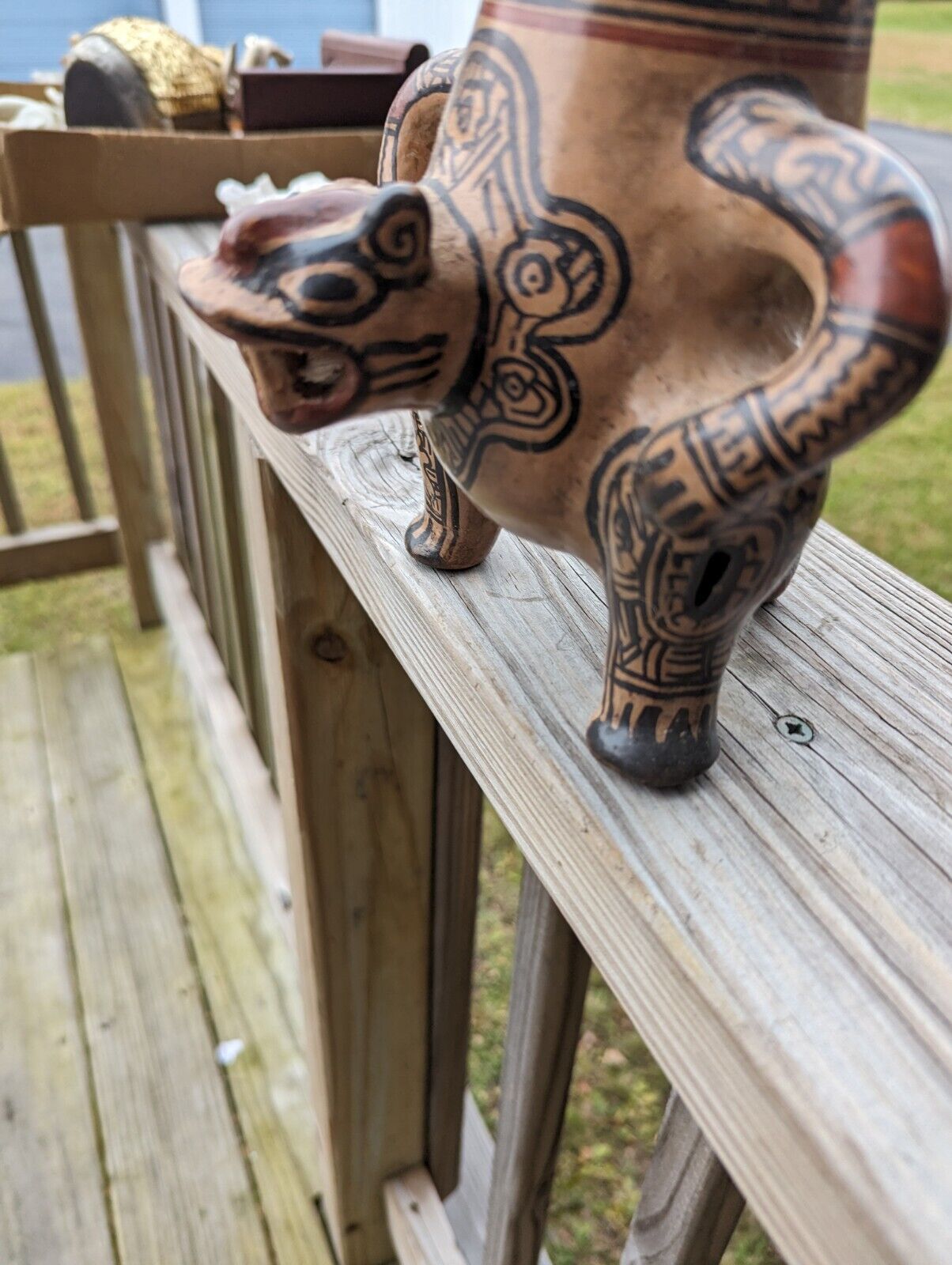 Vintage Jaguar Shaker Clay Hand Painted Folk Art Primitive Pottery - Rattle