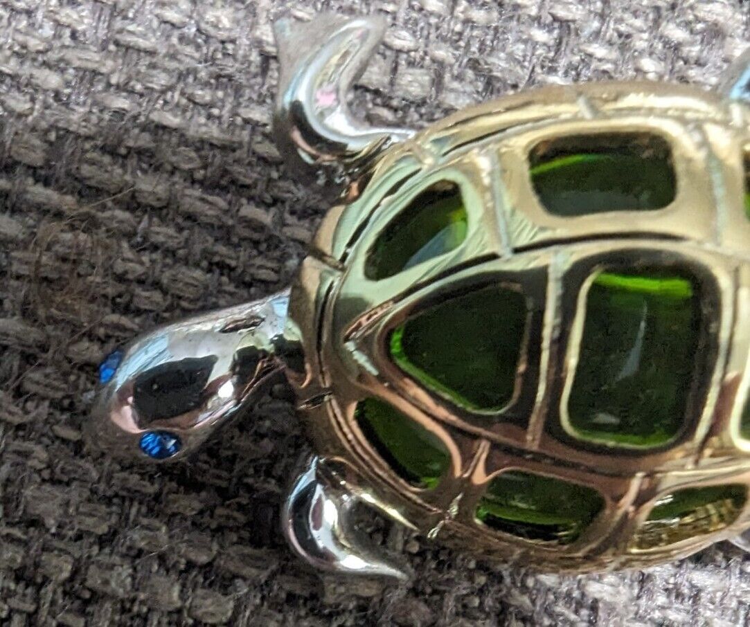 Metal And Green Glass Turtle Brooch Silver And Gold Tone