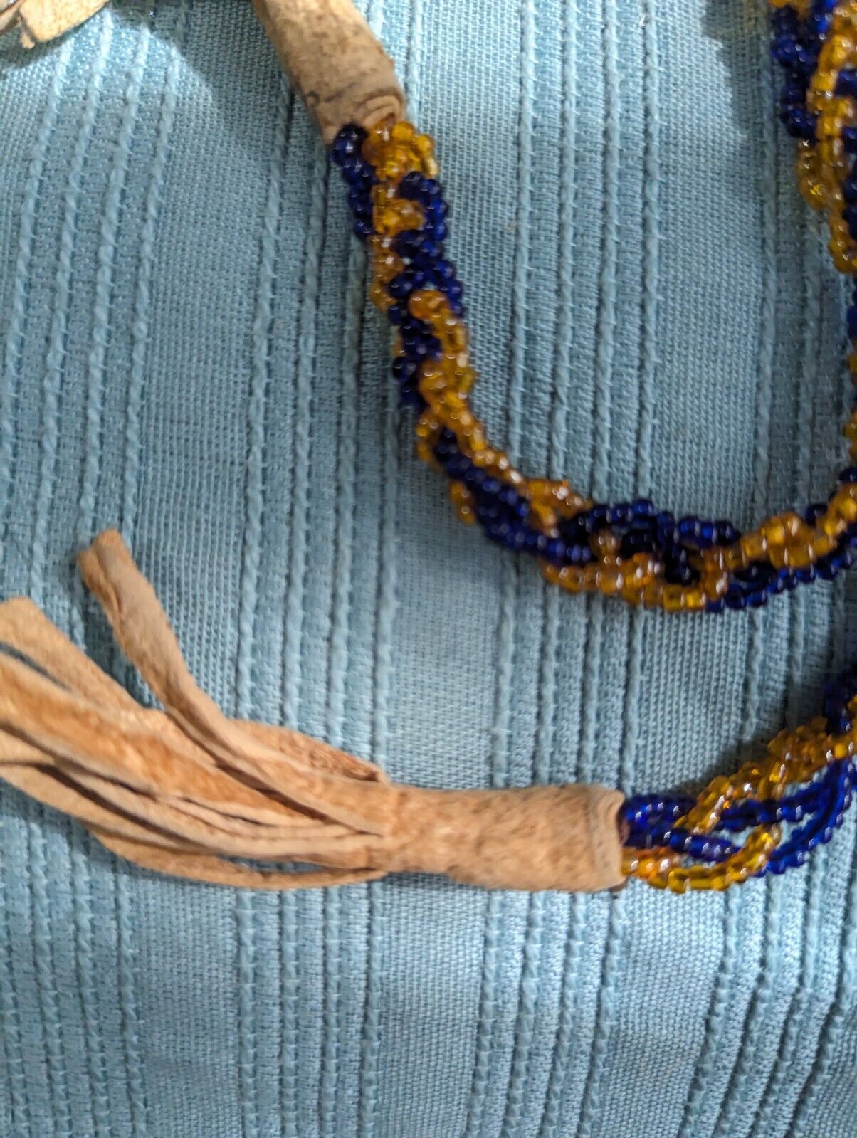 Vntg 1940s Native American Navy/Gold Tone Beaded Lariat Necklace Leather Bound