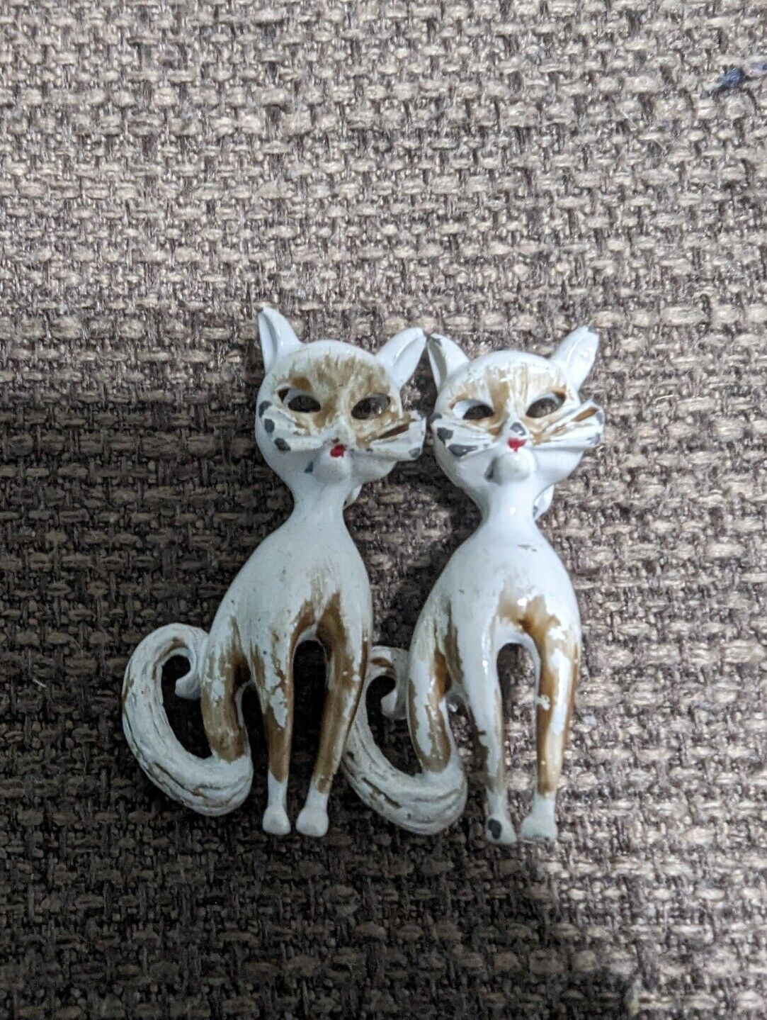 2 Vintage MCM White W Brown Spots Long Neck Cat Brooches Siamese Twins About 2"