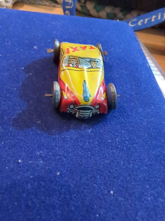 1940s Japan Tiny Tin Litho Toy Car Yellow & Red Taxicab Plate Vintage