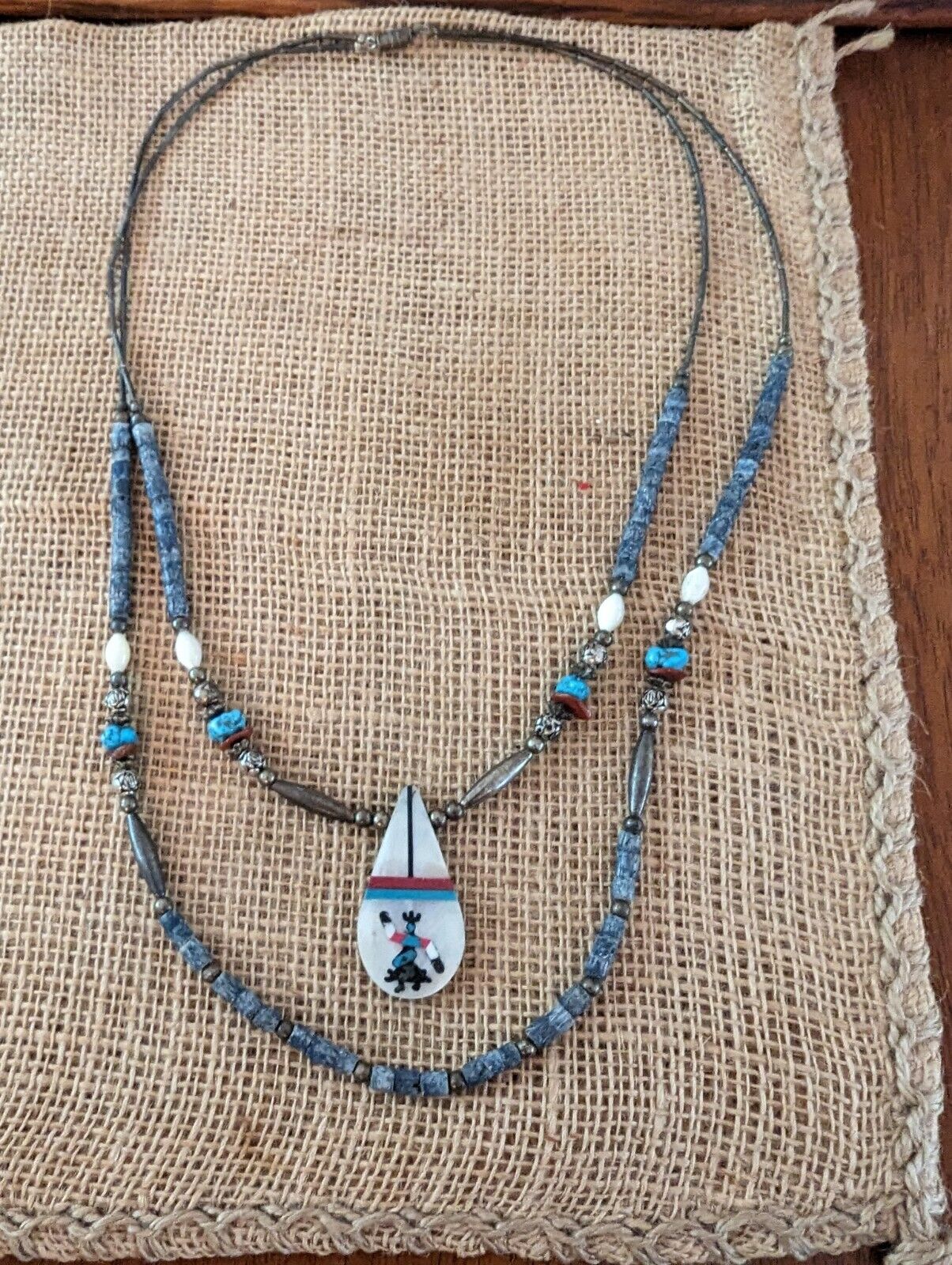 Santo Domingo Pueblo Navajo Inlay Coral Shell Turquoise Kachina 2 Layer Necklace