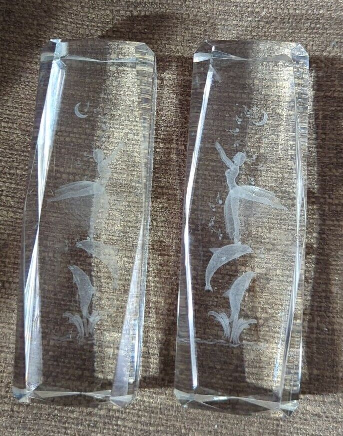 2 Crystals Laser Etched Hologram Musical Note Dancing Dolphins Paperweights