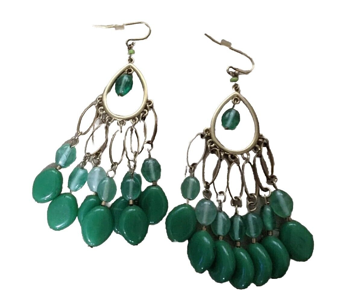 Teel Green On Silver Tone Loop Dangling Earrings