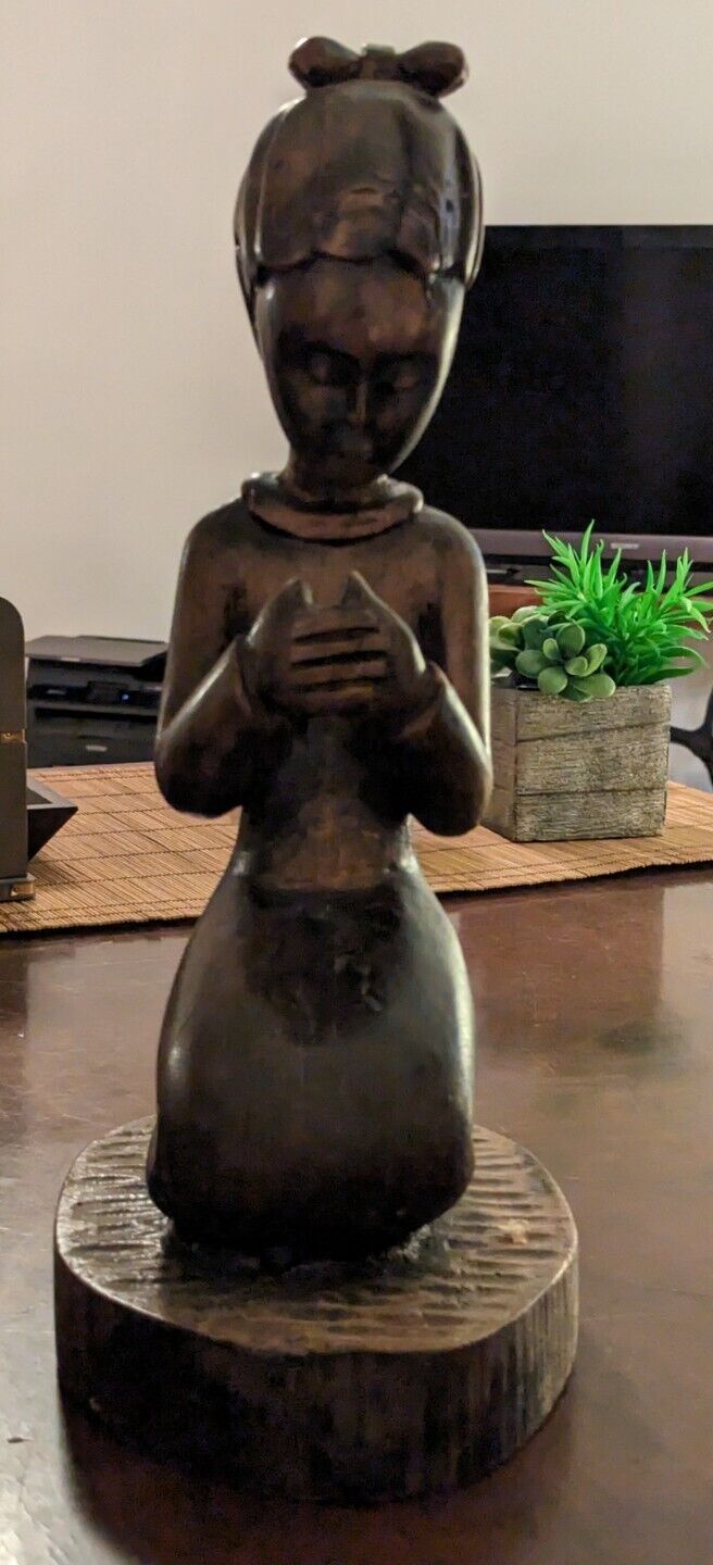 Vintage Solid Wood Beautiful Young Meditating Woman Statue 17"X8" With Wood Base