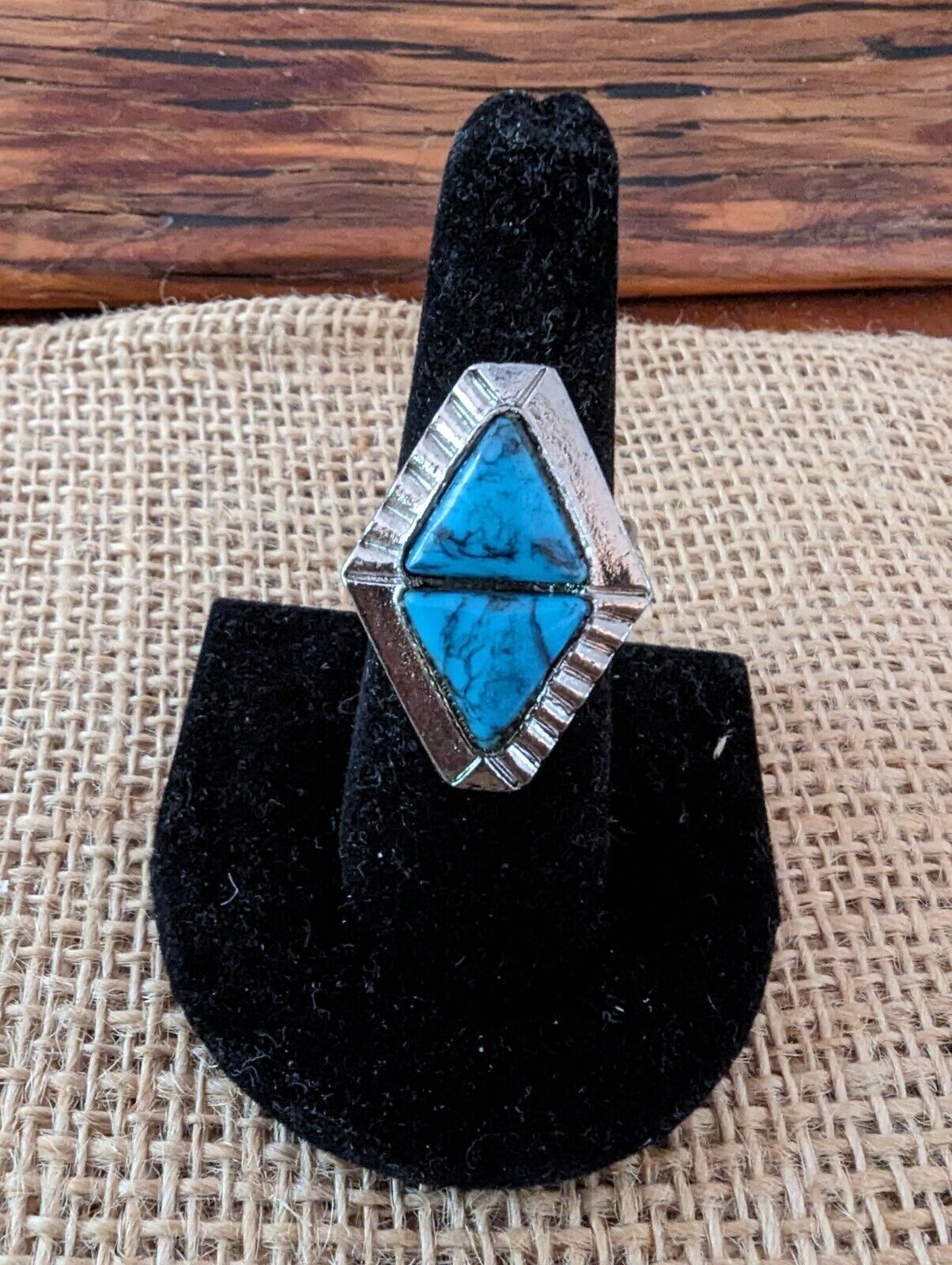 Large Turquoise Over Silver Tone Cocktail Ring Size Seven