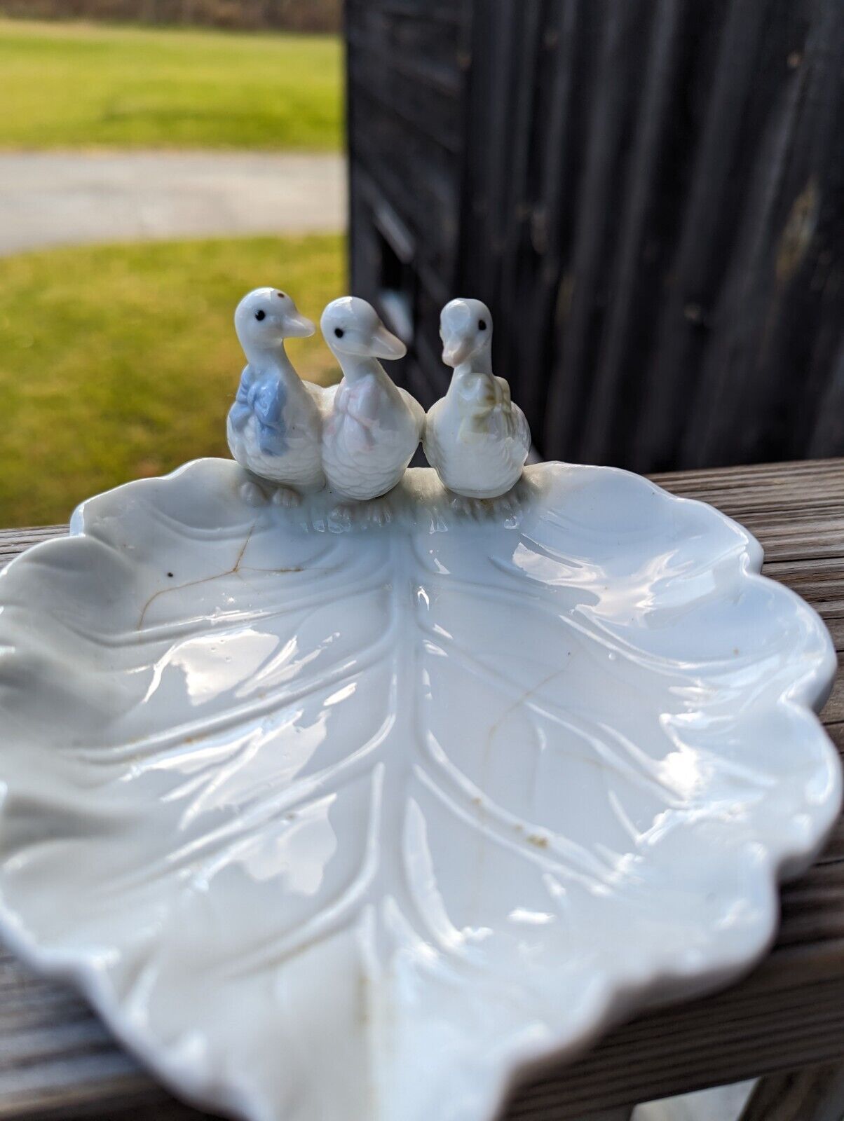 White Porcelain 3 Duck Sitting On Leaf Plate Edges