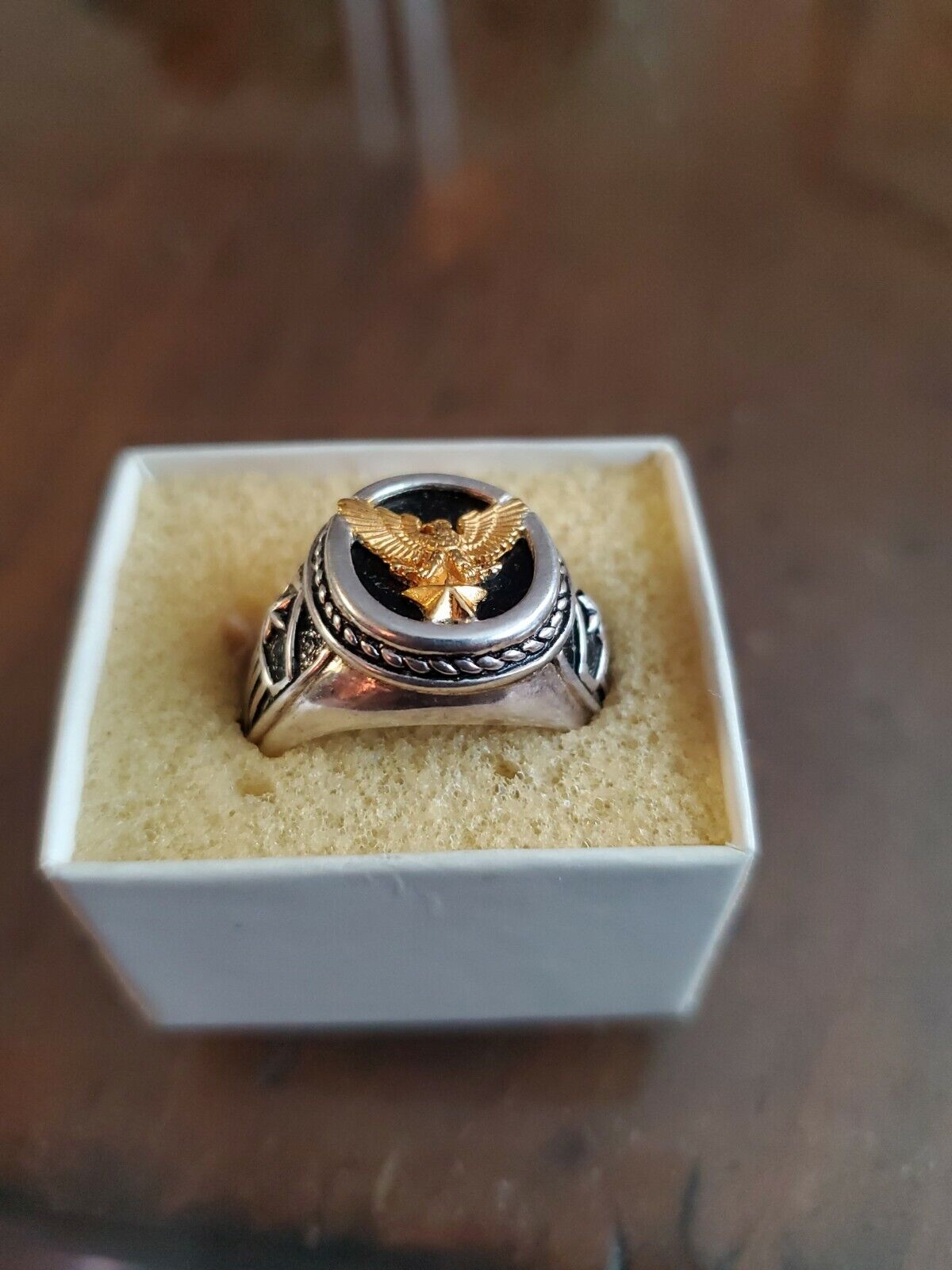 American Eagle Men's Sterling Silver Ring Genuine Black Onyx center 24K G Wings