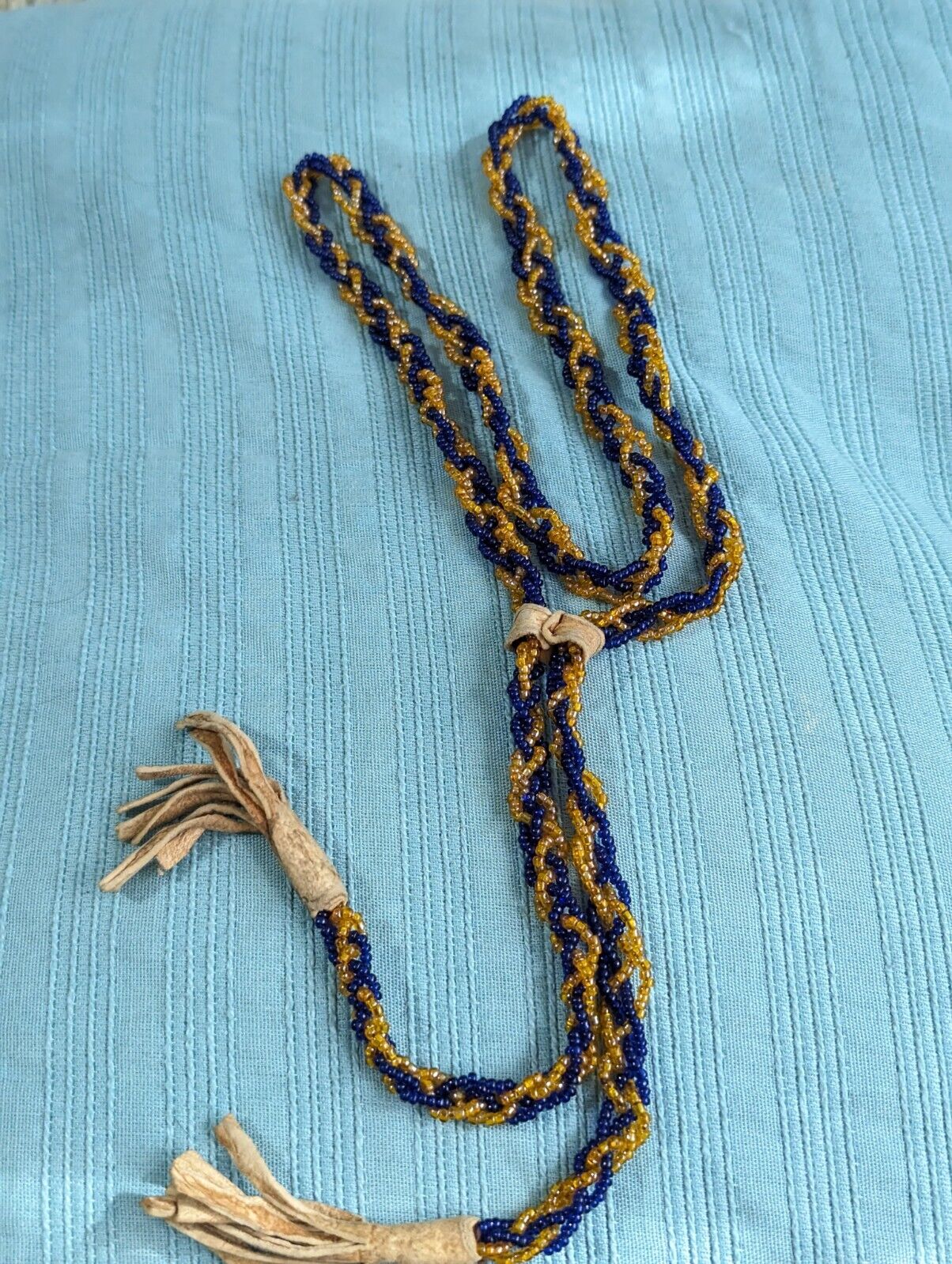 Vntg 1940s Native American Navy/Gold Tone Beaded Lariat Necklace Leather Bound