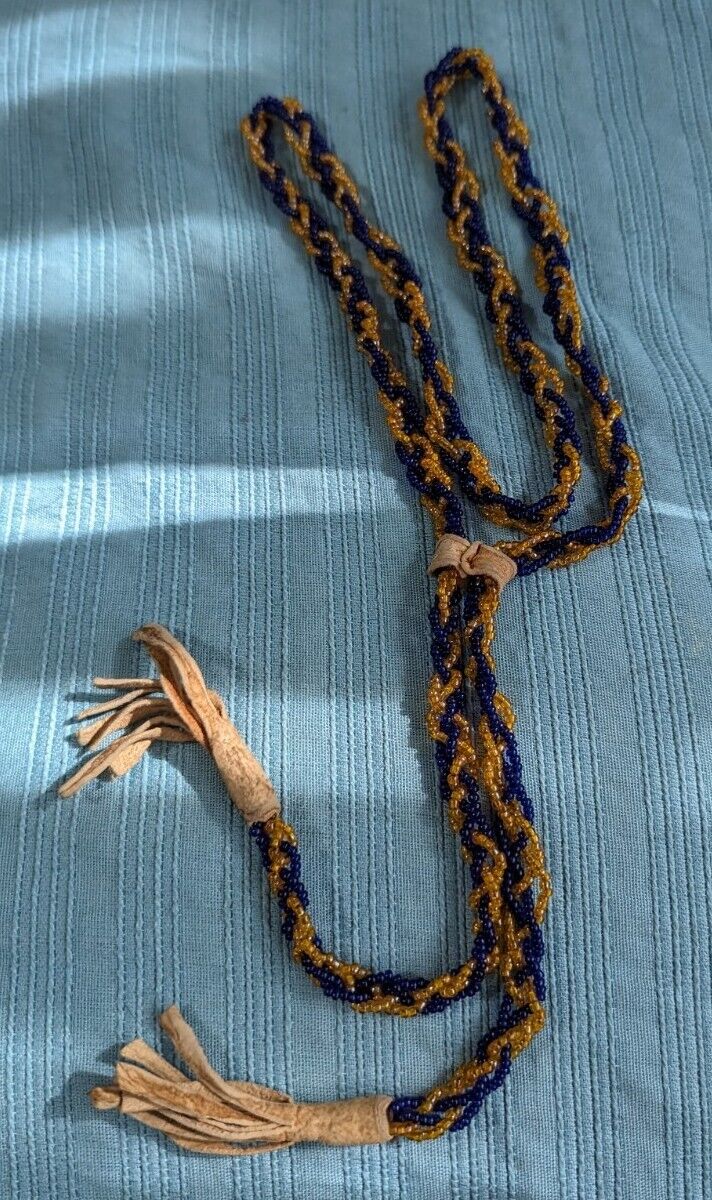 Vntg 1940s Native American Navy/Gold Tone Beaded Lariat Necklace Leather Bound