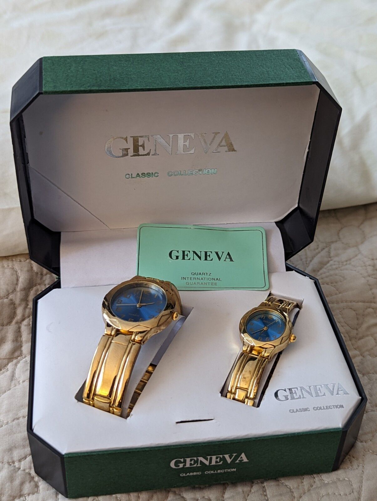 Geneva Classic Collection Blue Dial Gold Tone Watches Set