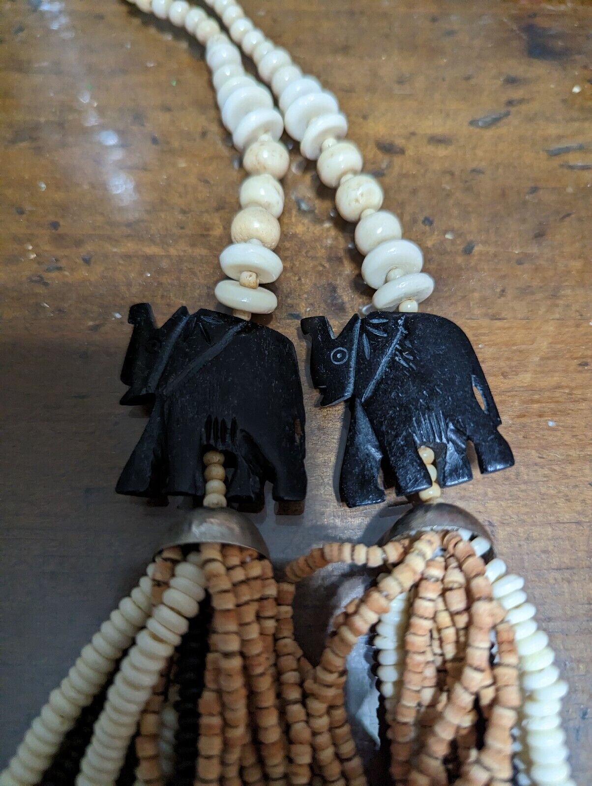 BoHo African carved elephant & wood bead Multi Strand Beaded Necklace 24”