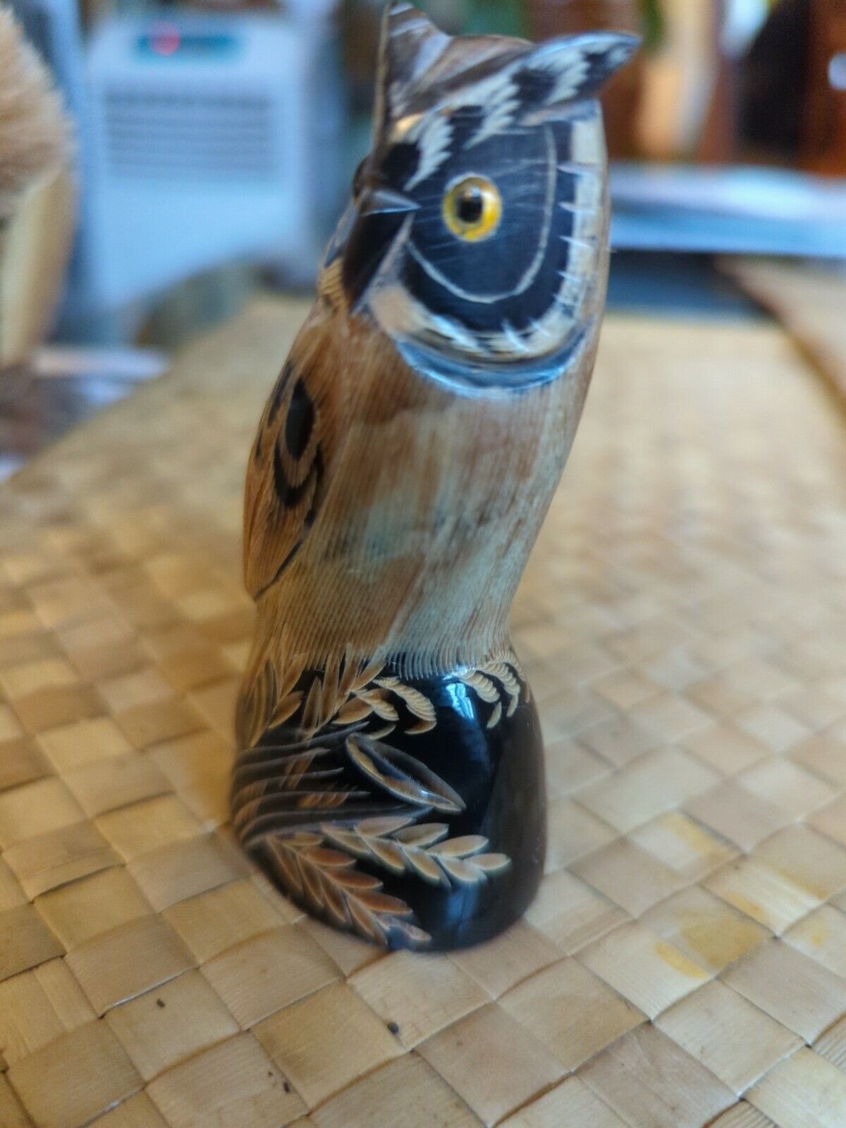 Water Buffalo Horn Carved Owl Figurine 4" tall.