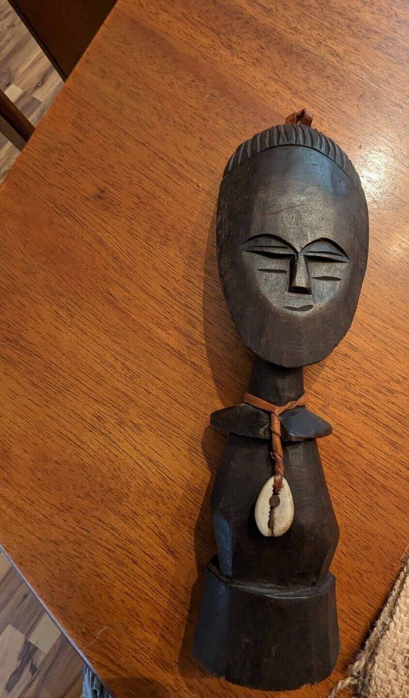 Vintage hand carved African Ashanti wooden figure puka shell leather hang strap