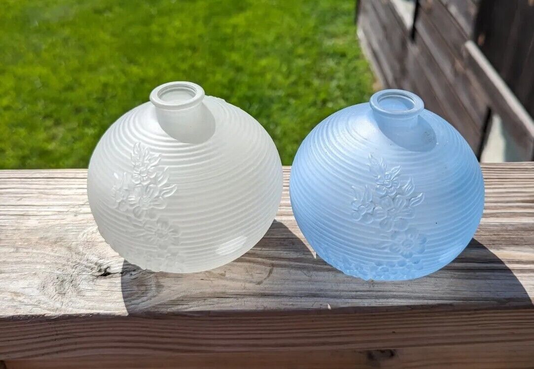 Two Avon Blue & White Frosted  Round  Bud Vases with Embossed Flower Design