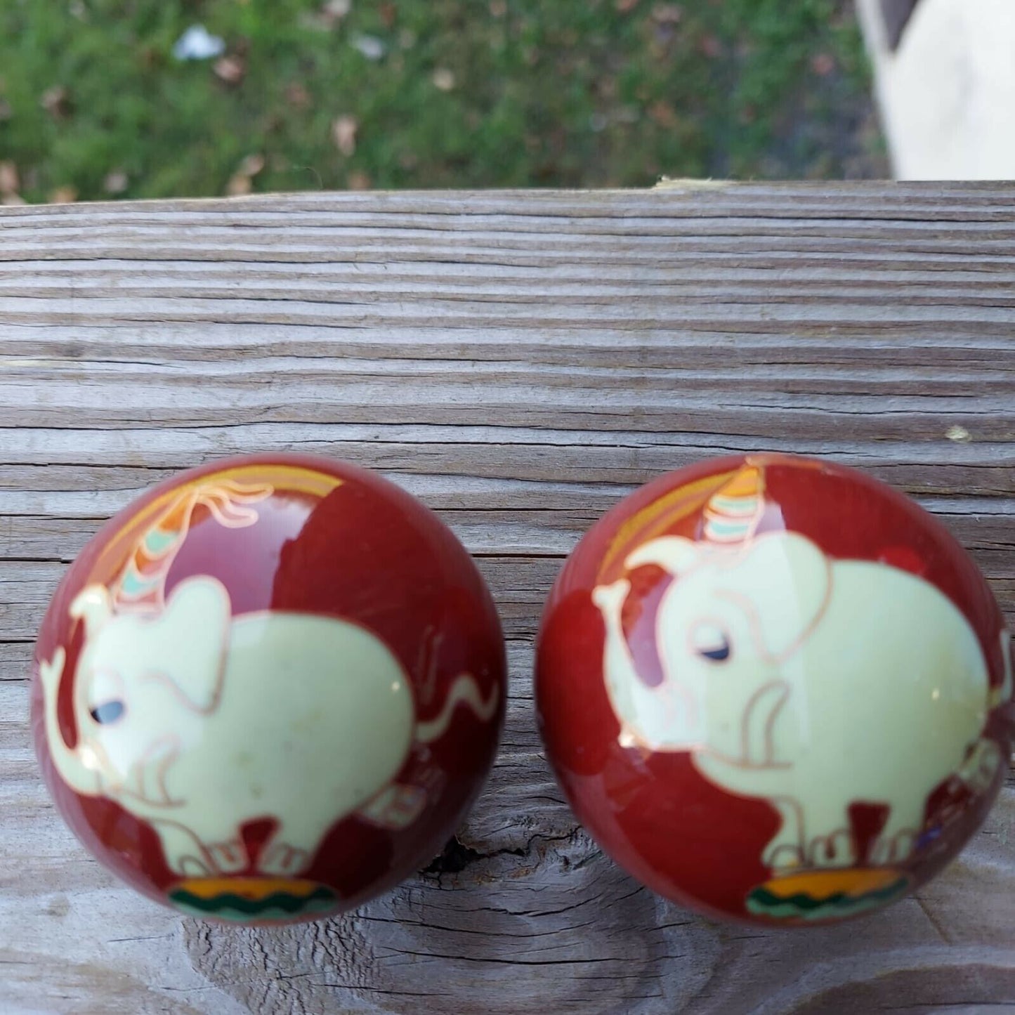 Vintage Red Chai Balls With White Elephants, Pair