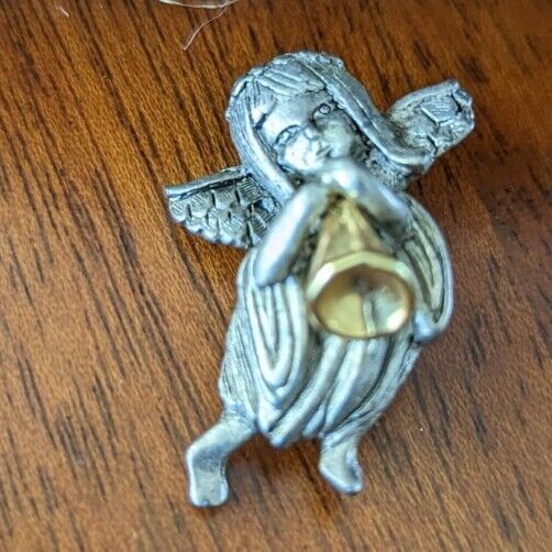 Vintage Pewter Guardian Angel With Golden Flute Brooch Signed DMO