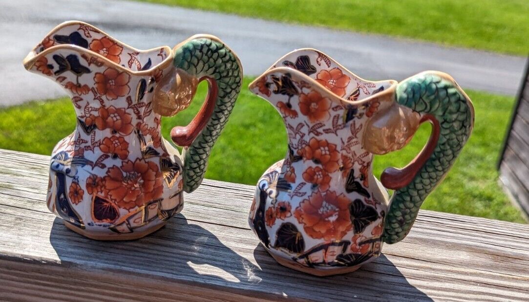 Two(!) Mason’s Ironstone Imari Pitchers With Hydra Handles Multicolor Lively 6"