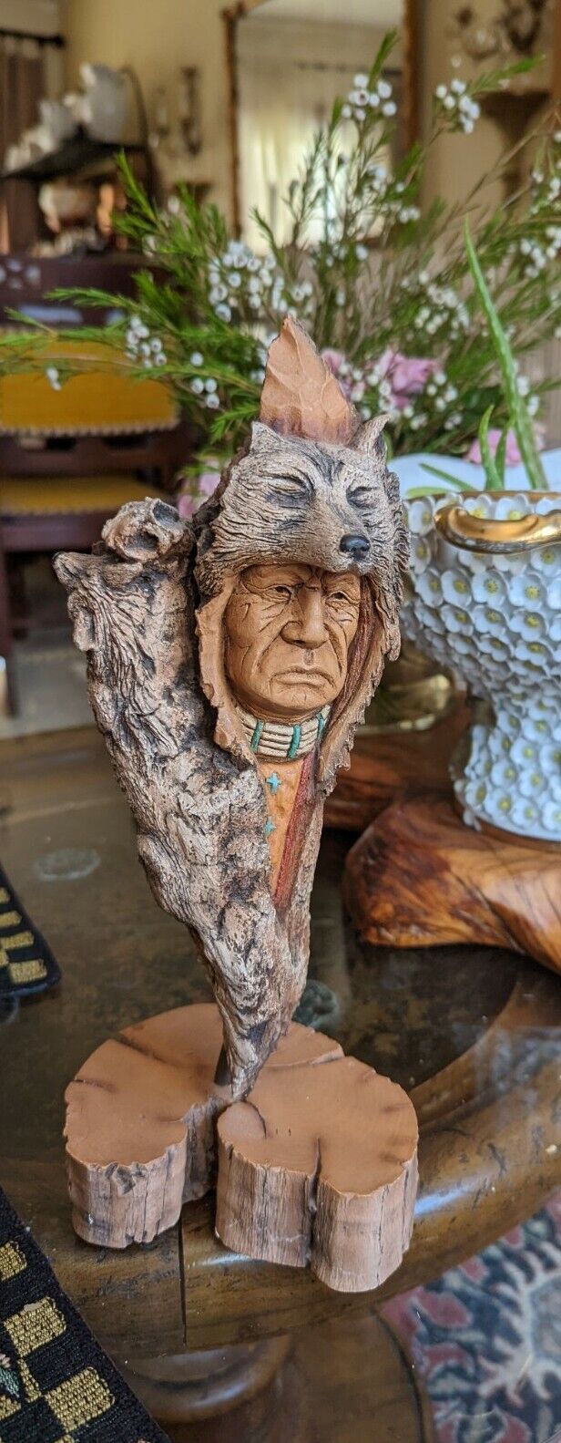 Vintage Terracotta Ceramic Native American Chief Statue on Stand.