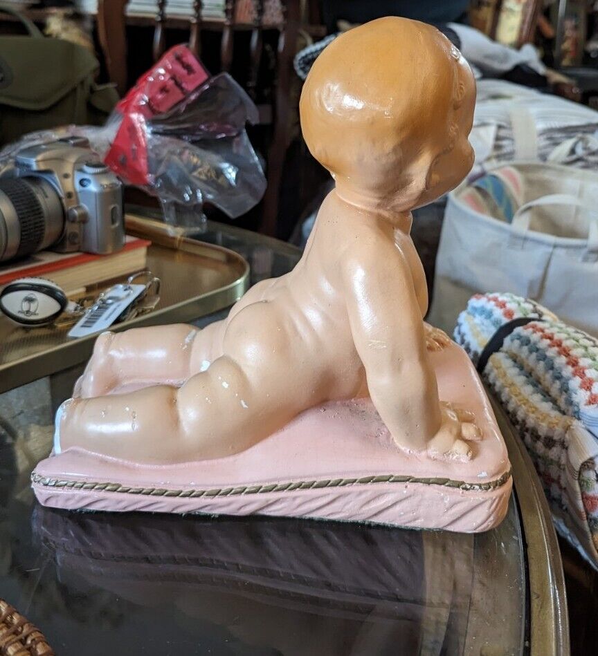 True Vintage 50s Chalkware Piano Baby - Poured Painted plaster baby girl Rare