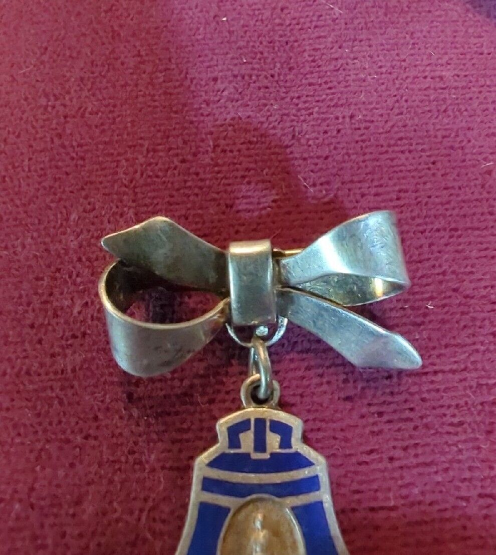 Vintage Sterling Our lady Of The Bell Medal blue enamel With Ribbon