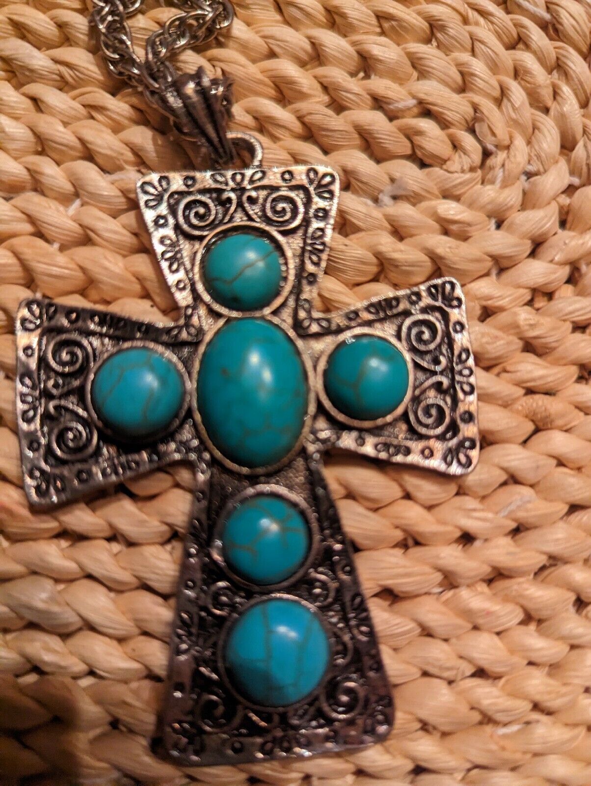 Vintage Large SouthWestern Style Turquoise Over Silver Tone Cross And 22" Chain