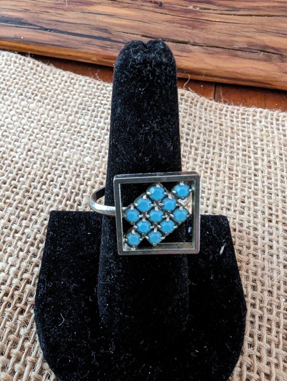 Unique Square Silver Tone And Turquoise Ring Size 8