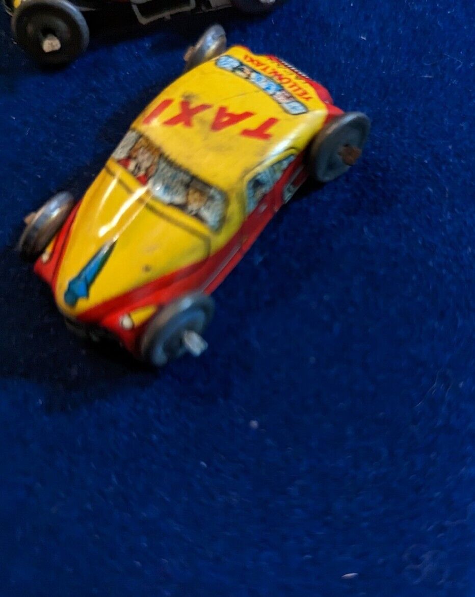 1940s Japan Tiny Tin Litho Toy Car Yellow & Red Taxicab Plate Vintage