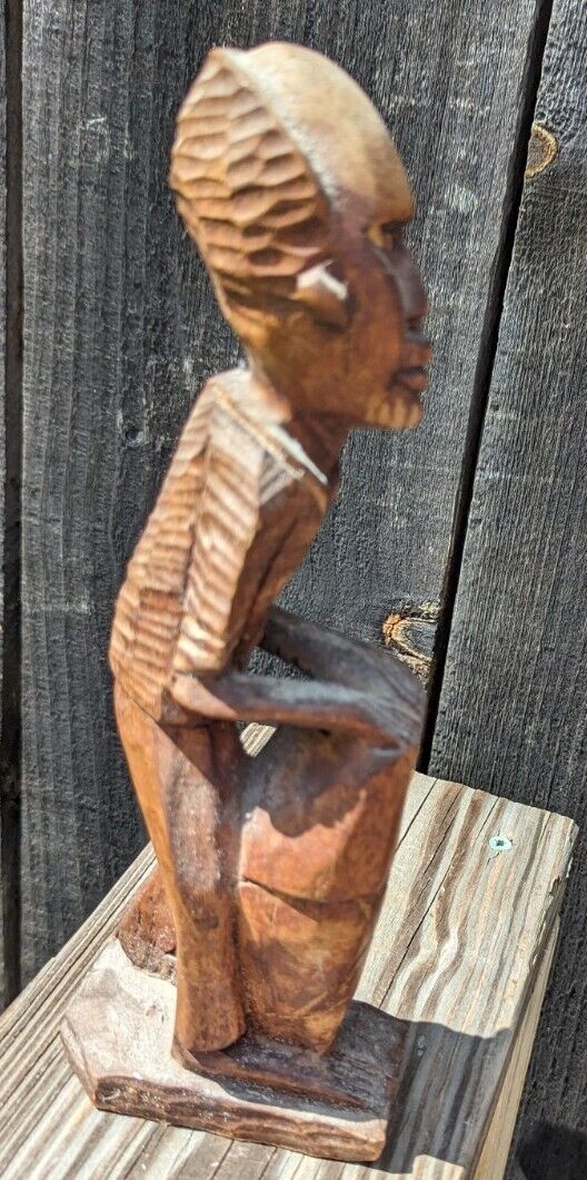 Vintage Hand Carved Wood Man On Drums African Tribal Folk Art Statues Figurine