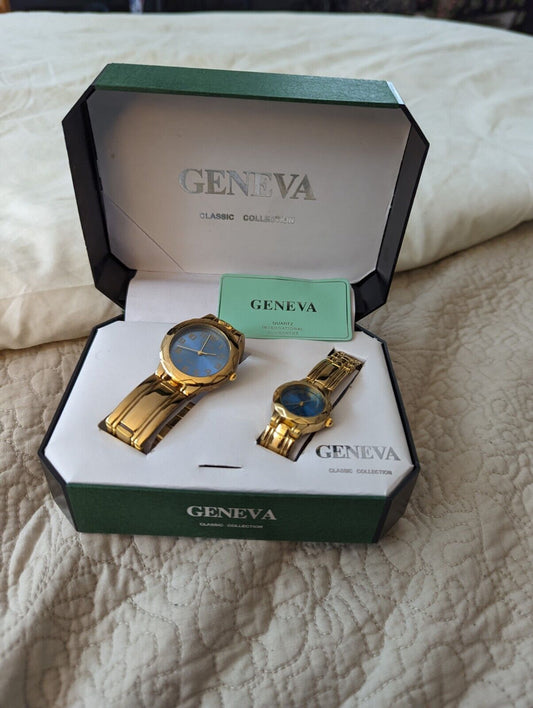 Geneva Classic Collection Blue Dial Gold Tone Watches Set