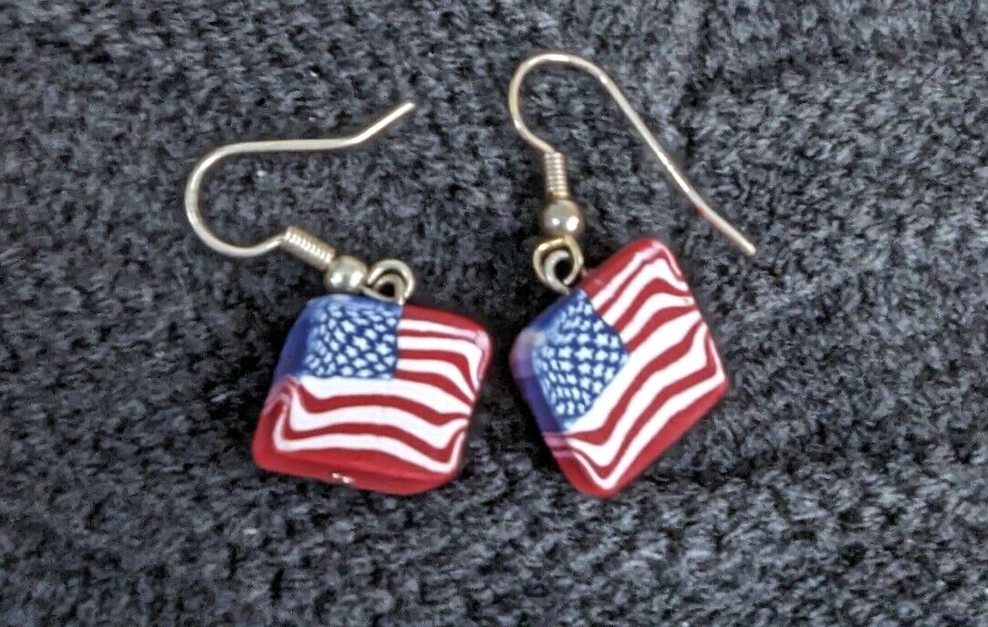 Wood Block American Flag Earings