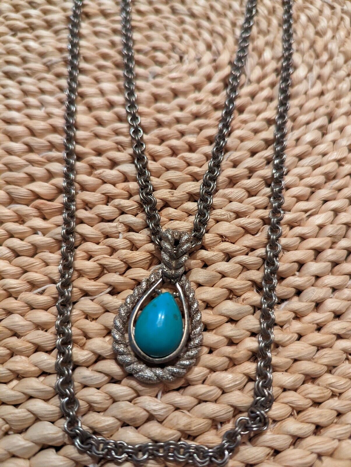 Vintage Avon Faux Turquoise Silvertone Teardrop Pendant 2 Strand Necklace