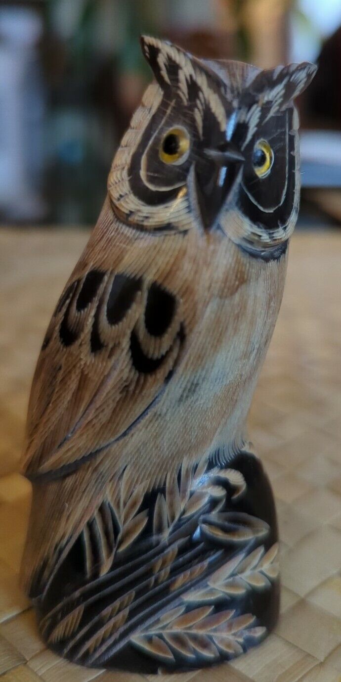 Water Buffalo Horn Carved Owl Figurine 4" tall.