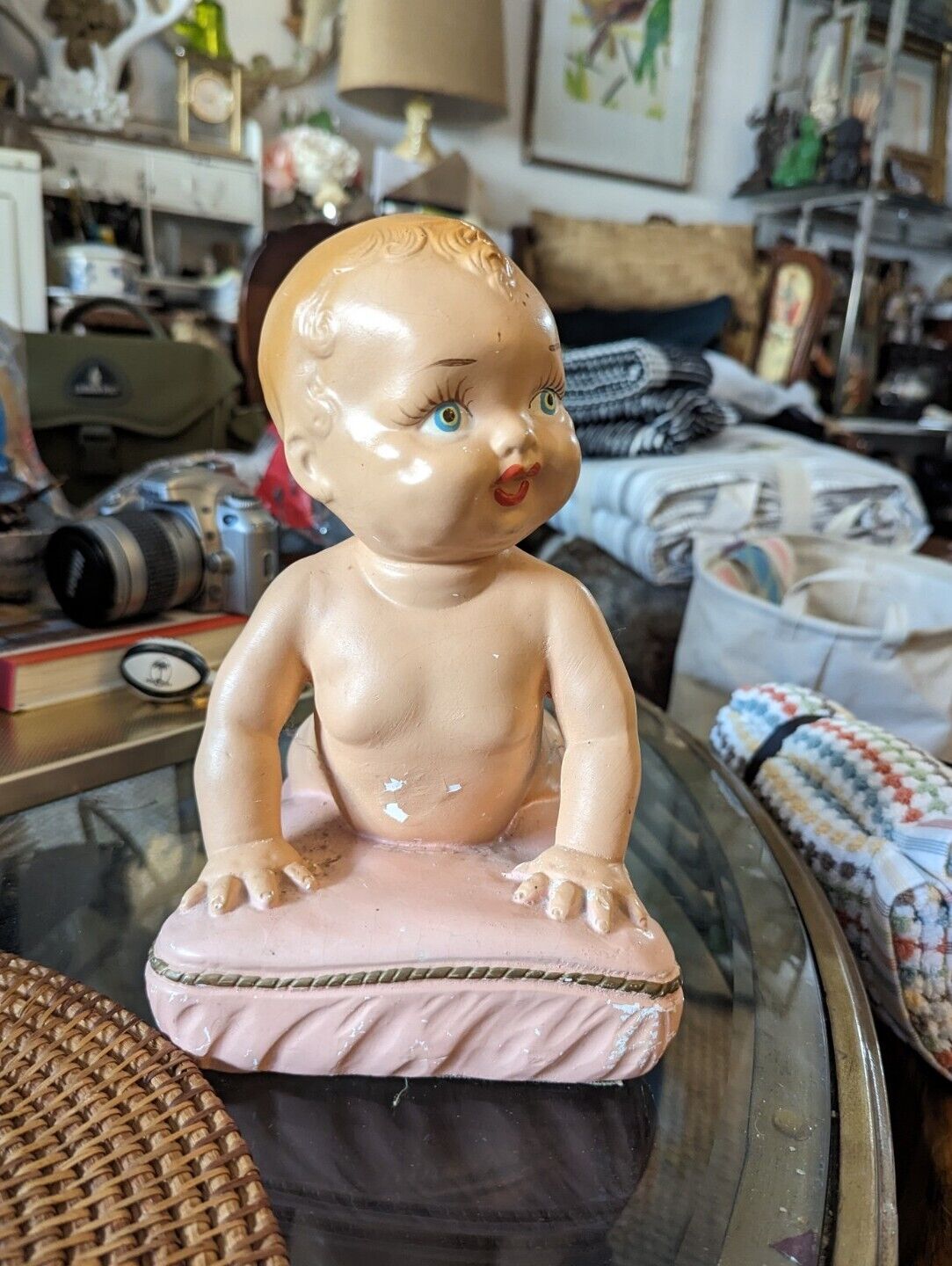 True Vintage 50s Chalkware Piano Baby - Poured Painted plaster baby girl Rare