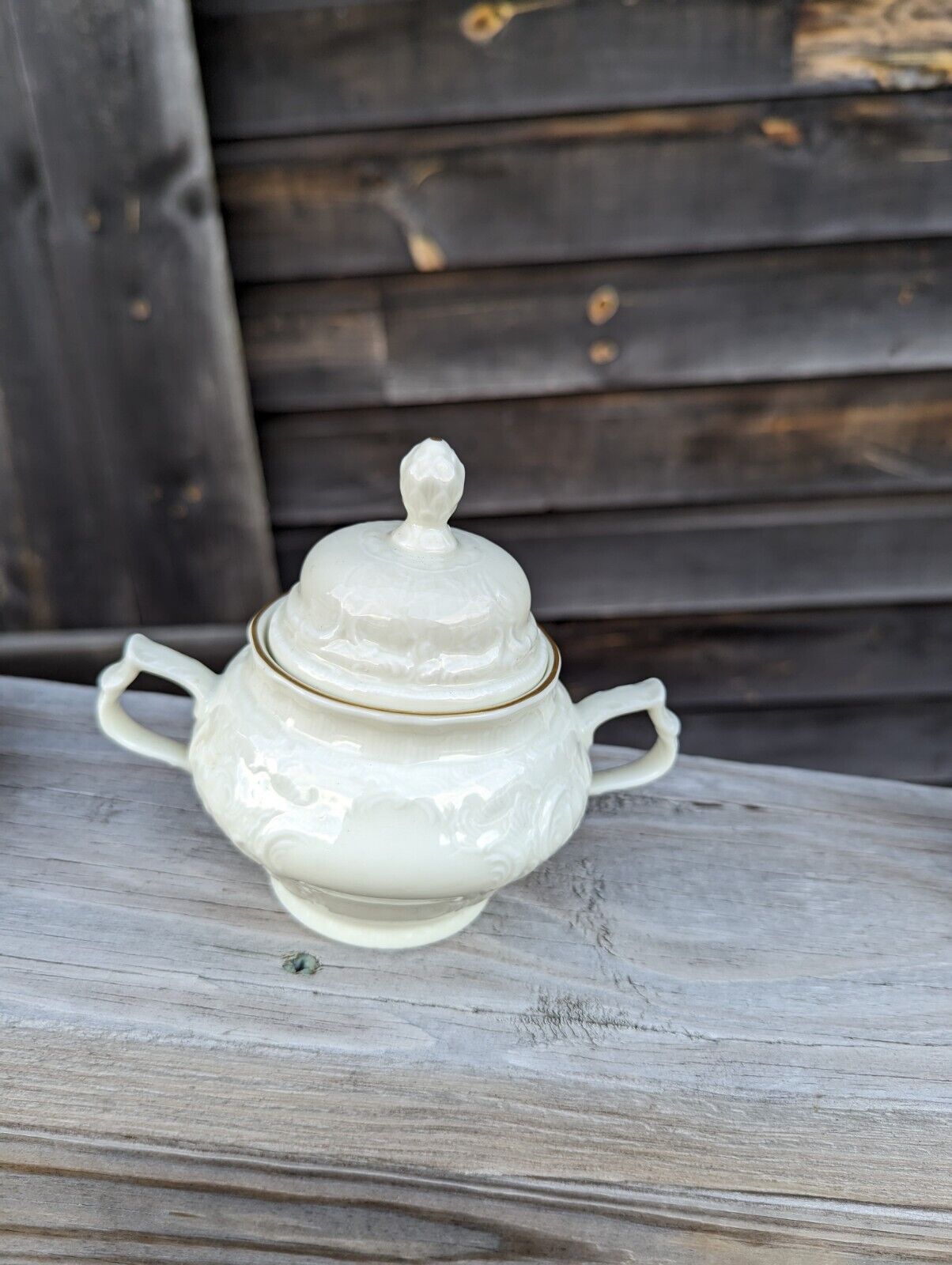 Rosenthal Classic White Germany Embossed Sugar Bowl with Lid Gold Trim