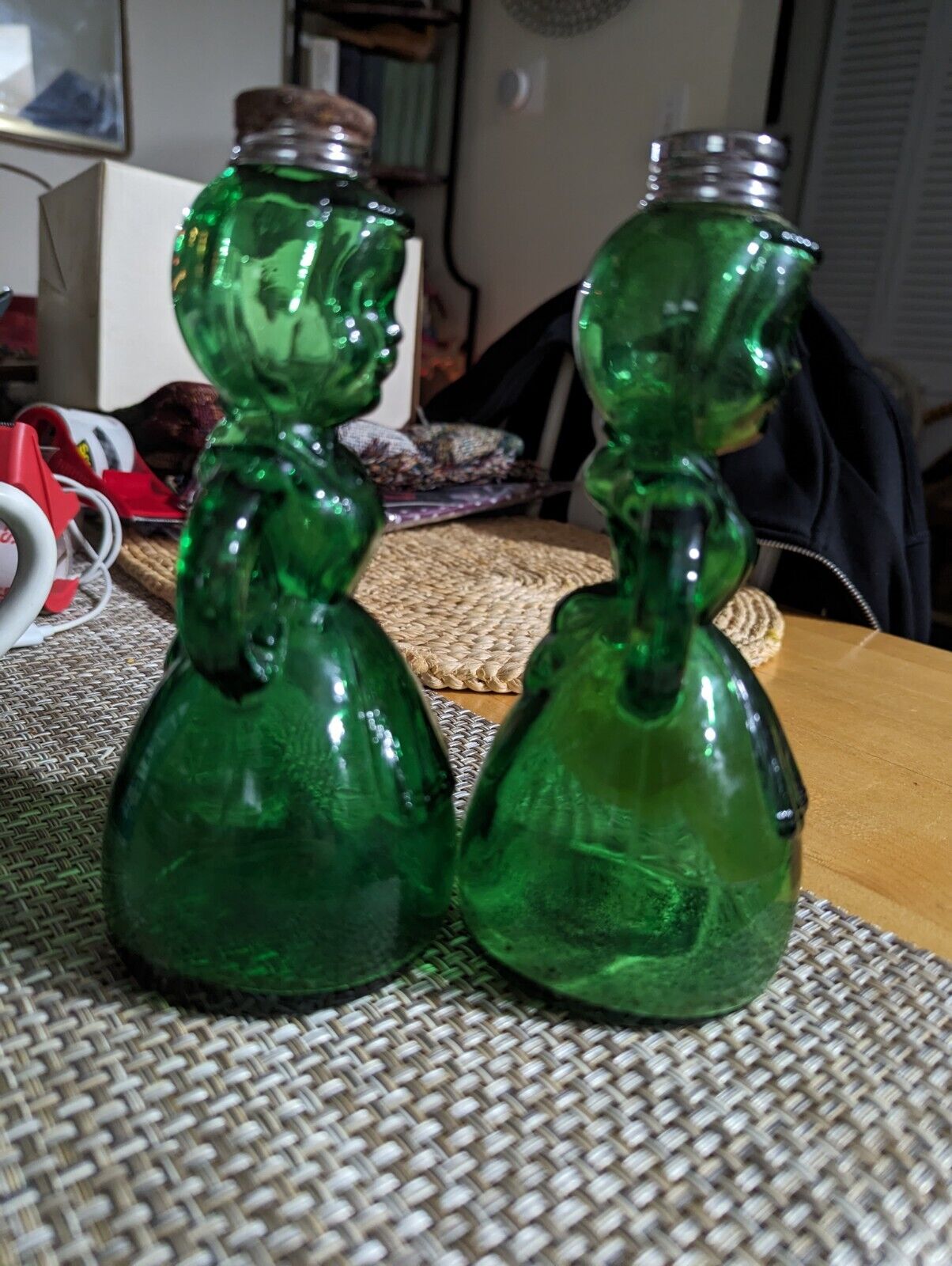 RARE Merry Maids Green Glass Salt &Pepper Shakers Vintage