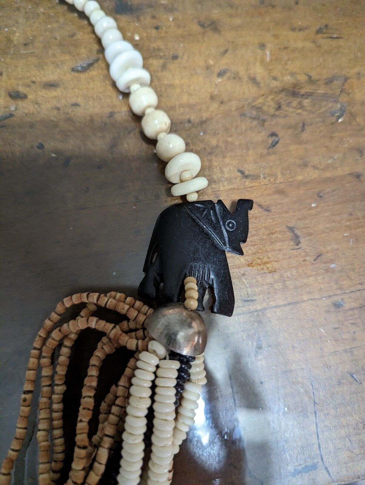 BoHo African carved elephant & wood bead Multi Strand Beaded Necklace 24”