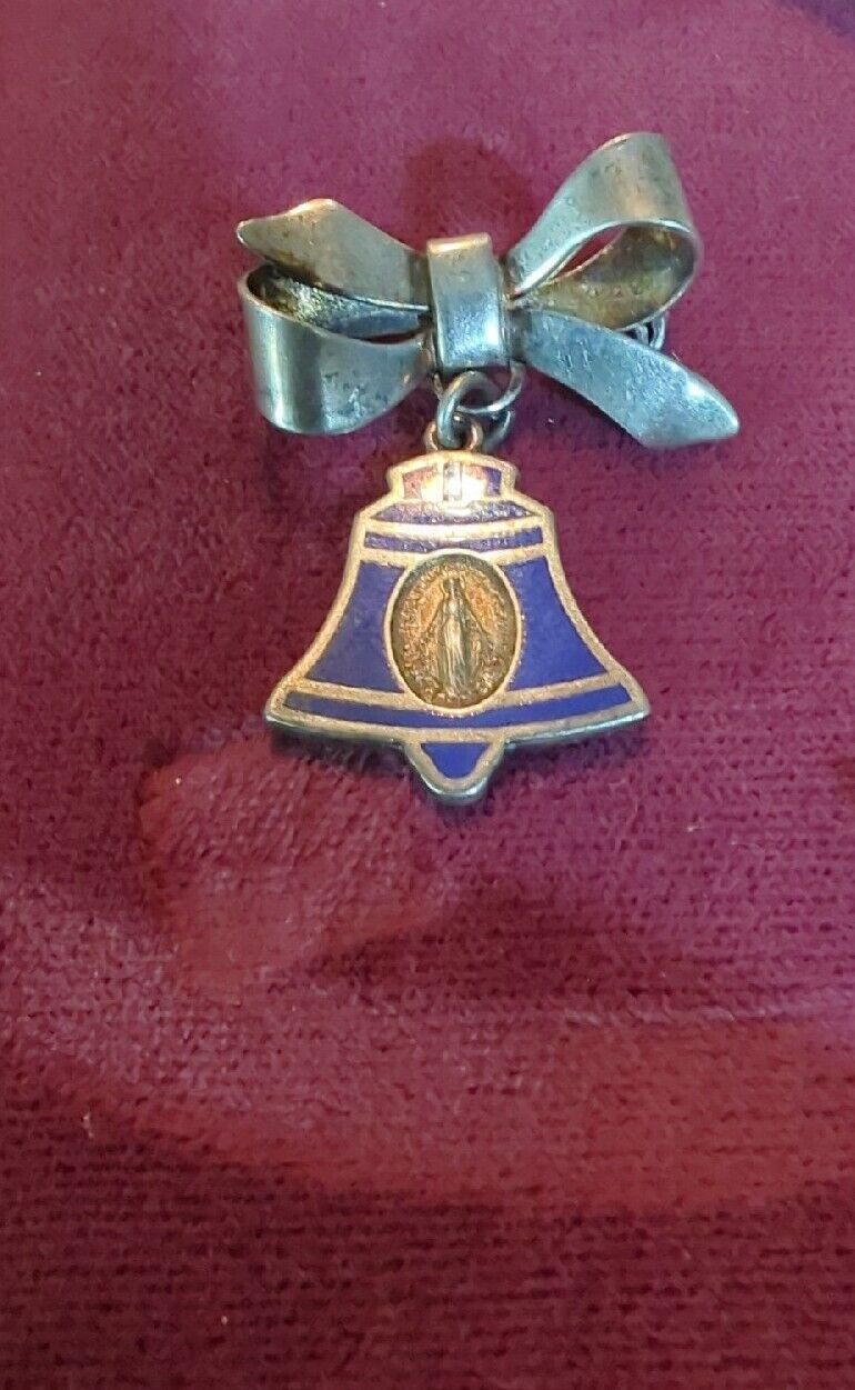 Vintage Sterling Our lady Of The Bell Medal blue enamel With Ribbon