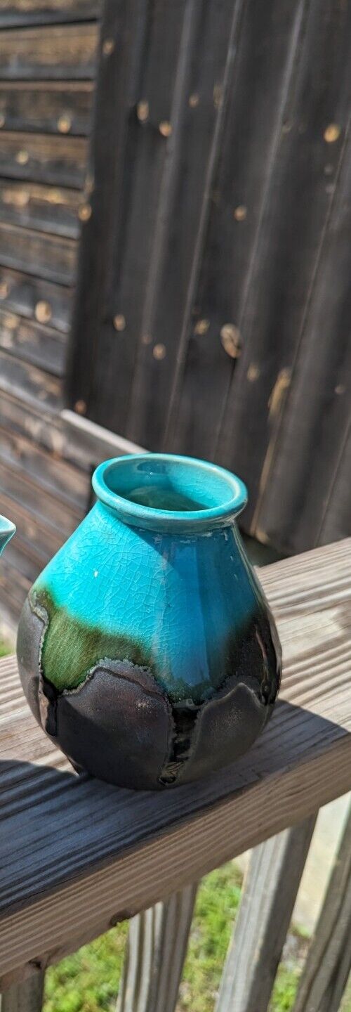 Clay Ceramic Vase Chocolate Brown With Glossy Turquoise Glaze Drip