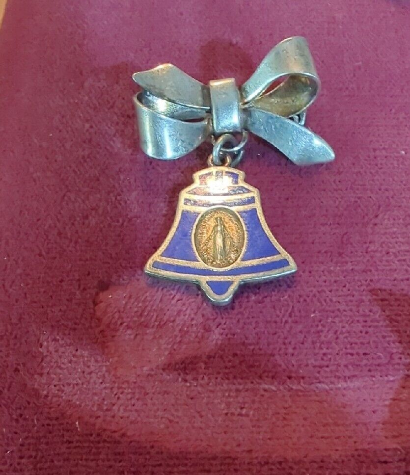 Vintage Sterling Our lady Of The Bell Medal blue enamel With Ribbon