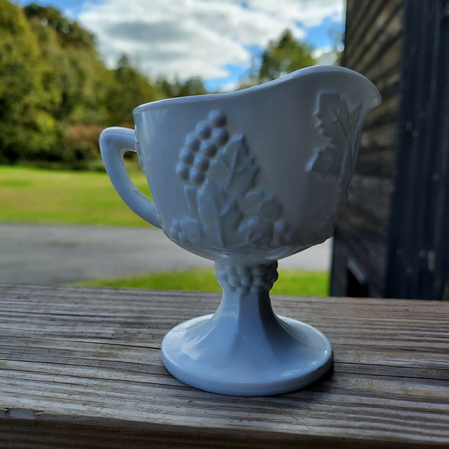 Milk Glass Creamer Pedestal, Indiana Glass Harvest Grape Pattern