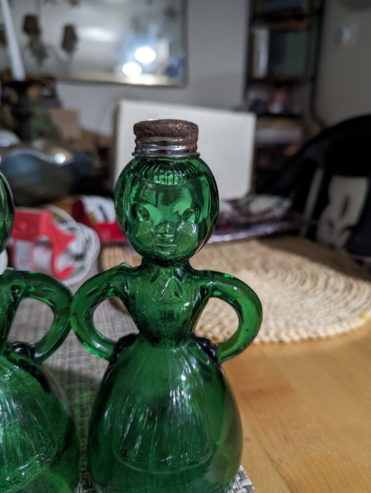 RARE Merry Maids Green Glass Salt &Pepper Shakers Vintage